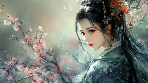 Blossom-veiled maiden watching springlight drift past. Period.