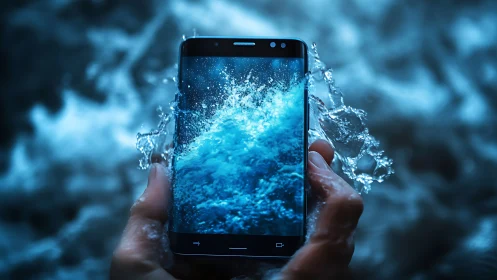 Bold smartphone splashes through vivid blue water in motion
