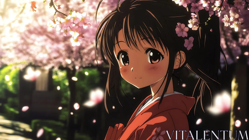 Cherry blossoms frame a shy anime girl in warm evening light.