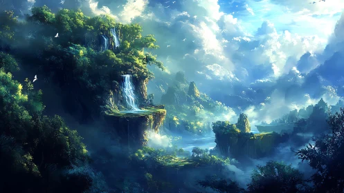 Layered forest cliffs with waterfalls under dense cloud cover.