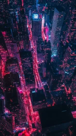 Neon lit city streets cut through dense night skyscrapers