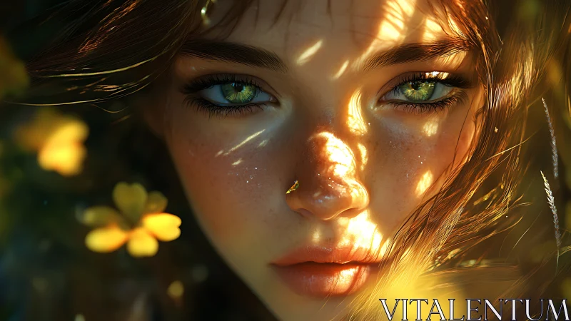 Optical close-up of green-eyed girl in dappled sunlit flora.