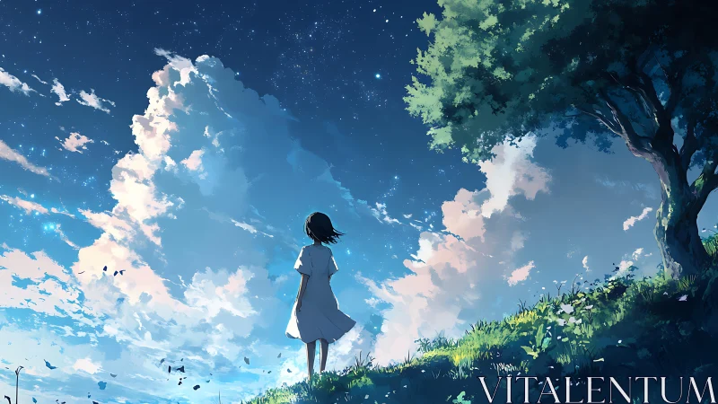 Starlit hillside invites a quiet girl to dream under clouds