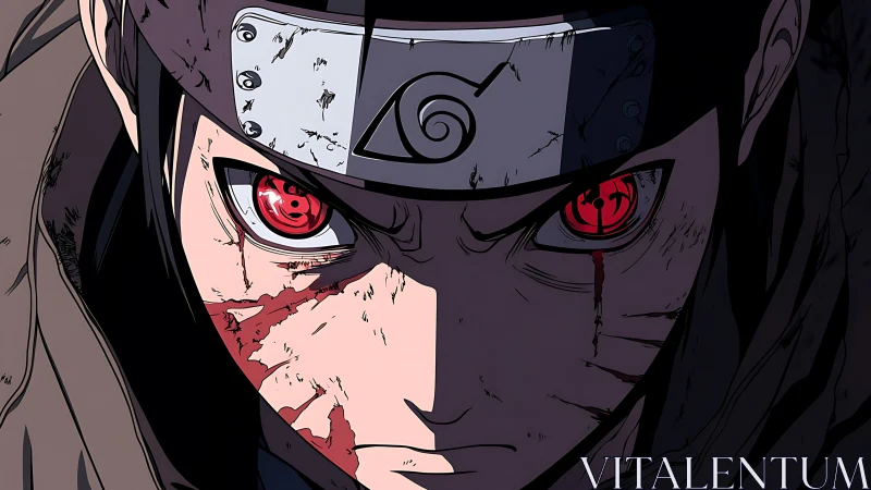 Fierce shinobi gaze framed by battle scars and shadowed light.