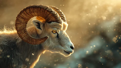 Golden-horned mountain ram gazes through dustlit sunset glow.