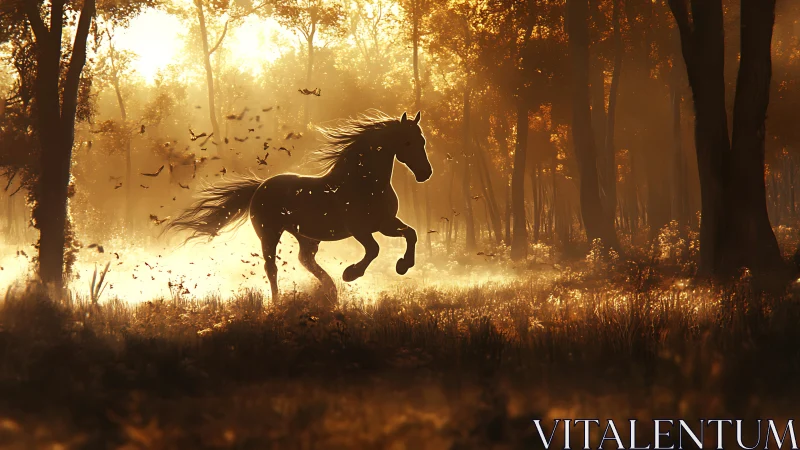 Sunlit forest stallion dancing through golden hush.