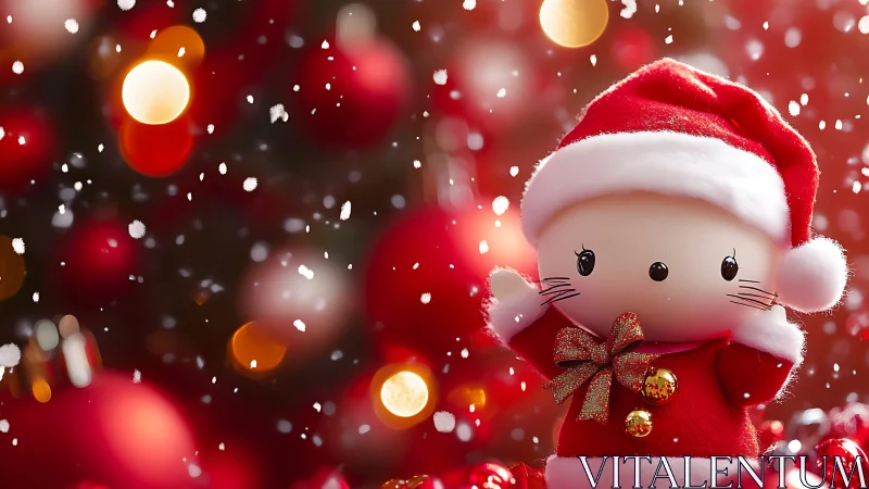Kawaii Christmas toy in red Santa outfit amid bokeh lights.