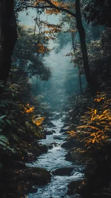 Mist-veiled forest stream converges through dense canopy with golden autumn foliage.