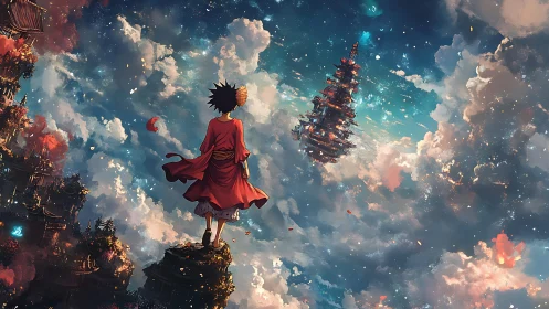 Solitary robed figure observing distant floating pagoda city