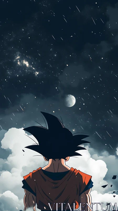 Celestial warrior silhoutte under meteor-streaked night sky.