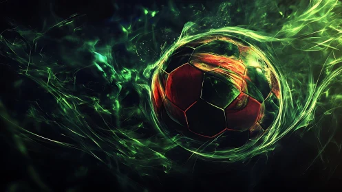 Plasma-charged soccer ball swirling through neon storm.