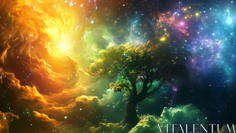 Cosmic tree rises amid swirling nebulae and radiant starlight.