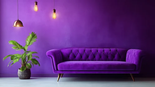 Vibrant purple sofa anchors minimalist modern living room