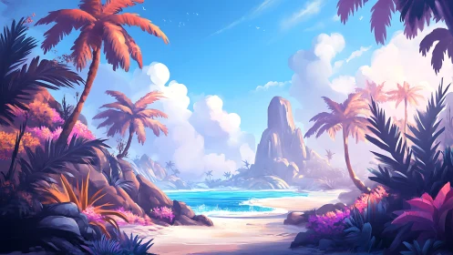 Tropical Landscape with Palm Trees, Rock Formation, Beach