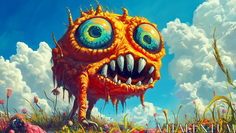 Sunny meadow monster smiles wide under bright blue skies