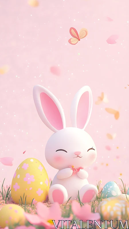 Pastel 3D Easter bunny vignette with eggs and blossoms.