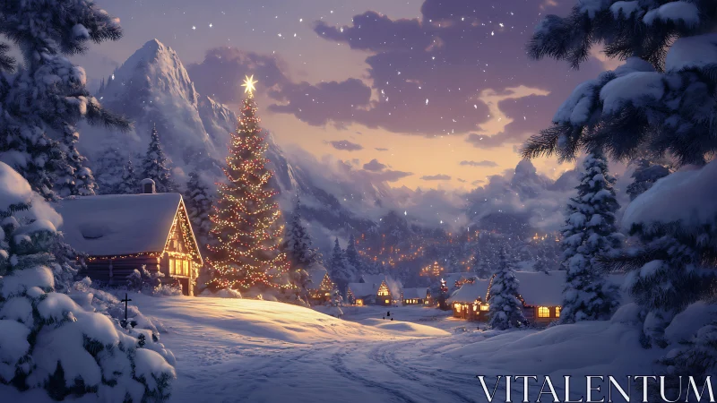 Snowy alpine village with radiant Christmas tree at dusk.