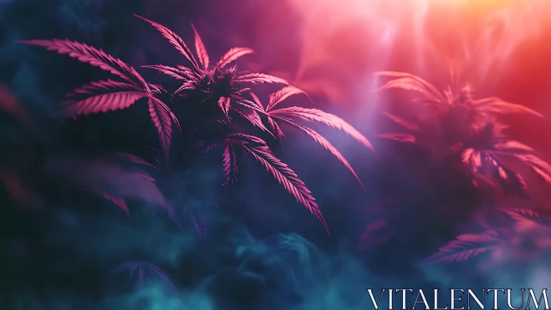Neon cannabis leaves glow under soft vapor haze