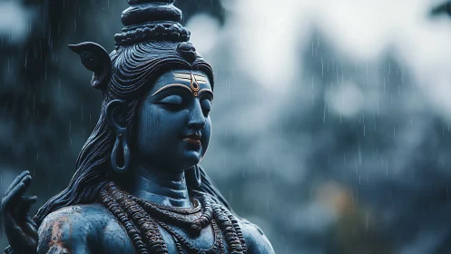 Serene blue stone deity statue under soft falling rain.