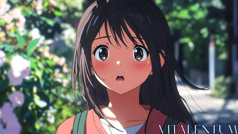 Sunlit anime portrait captures startled girl in soft bokeh