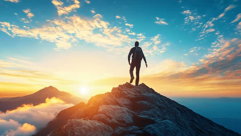 Sunrise greets a lone hiker embracing the mountain summit