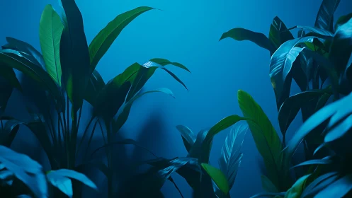 Lush tropical leaves glow softly in deep blue light.