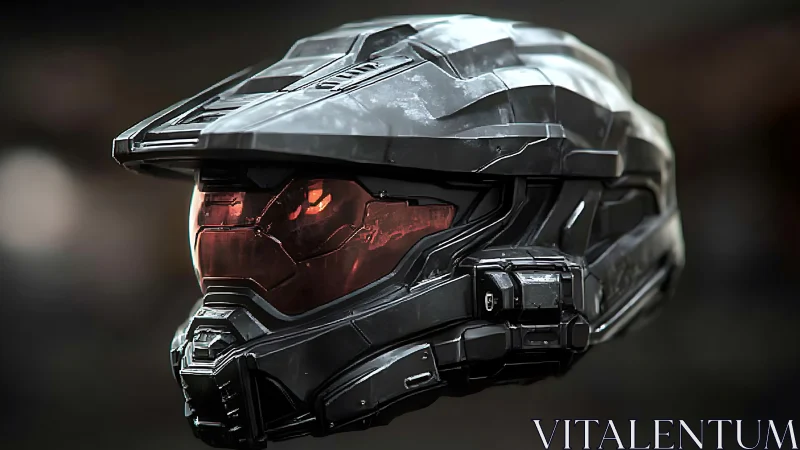 Sleek sci fi combat helmet with glowing crimson visor.