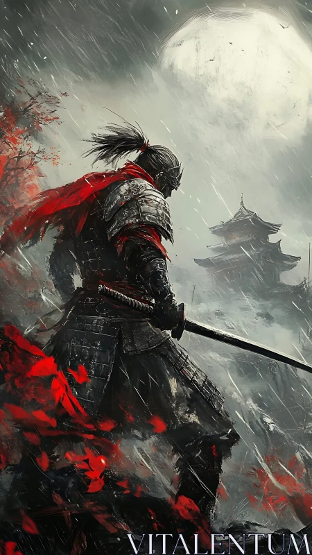Lone samurai under stormlit moon guarding distant temple.