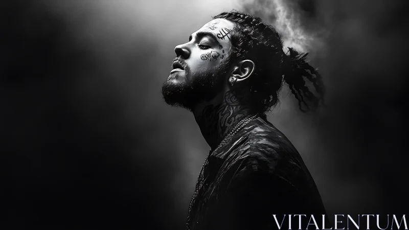 Monochrome side-profile portrait with smoke and facial tattoos