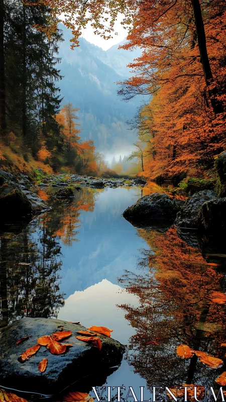 Mountain river mirror under vivid autumn forest canopy.