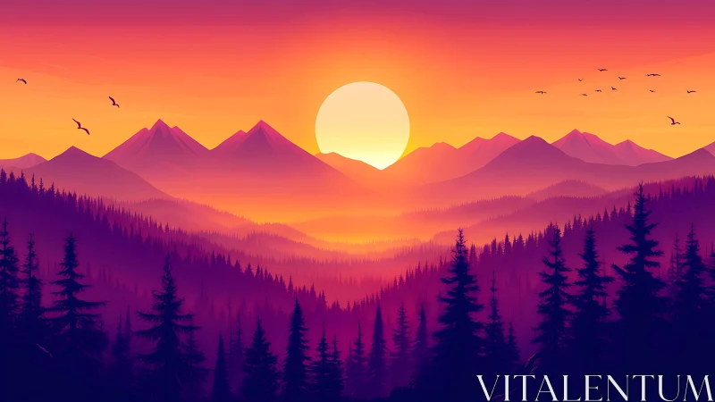 Crimson dusk mountains cradle a glowing sunlit dreamscape.
