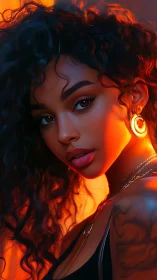Luminous portrait of curly haired woman in molten sunset glow.