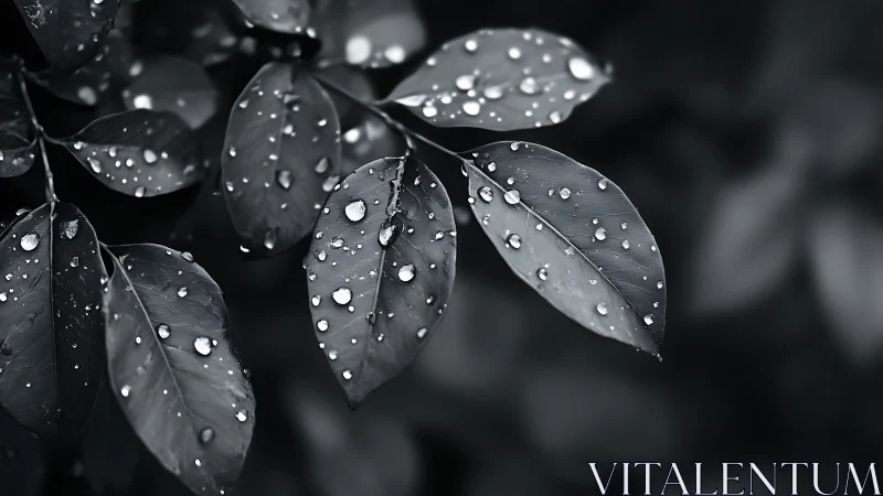 Monochrome close view shows wet leaves with water droplets