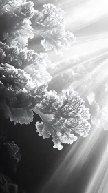 Fractal ice canopy in radiant monochrome light beams.