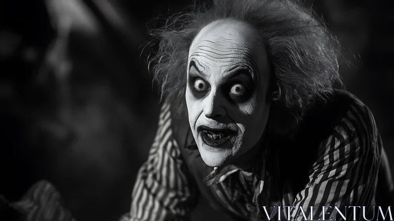 Monochrome deranged clown portrait under dramatic key lighting.