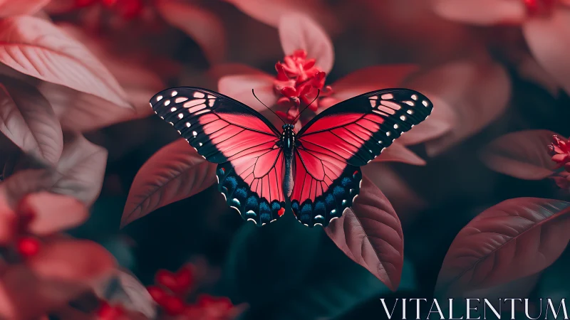 Crimson butterfly poised in a dreamlike rose-tinted garden.