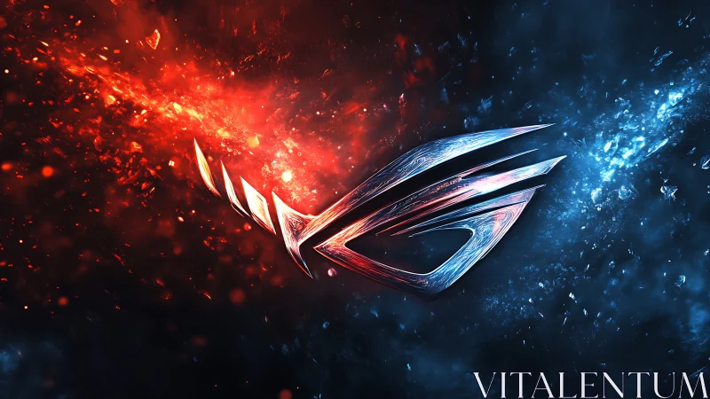 Metallic emblem divides molten red and electric blue cosmos.