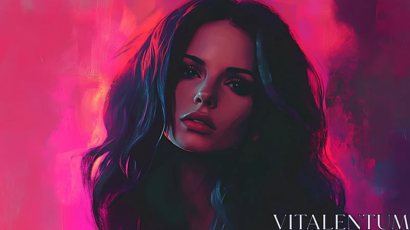 Moody digital portrait of woman in pink neon light.