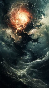 Turbulent cosmic vortex with stellar plasma and abyssal clouds.