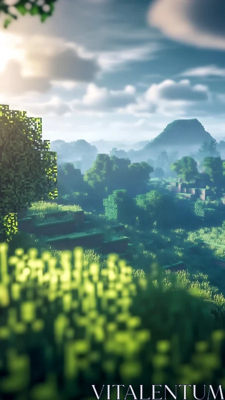 Voxel forest landscape shows sunlit hills and distant peak