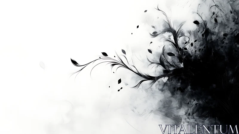 Inkborn branches unfurl into white silence and drifting leaves