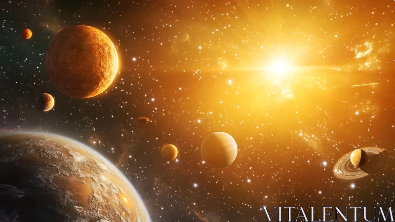 Golden star system glows across crowded cosmic panorama.