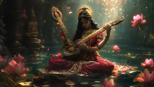 Divine musician sits in lotus pond playing ornate veena