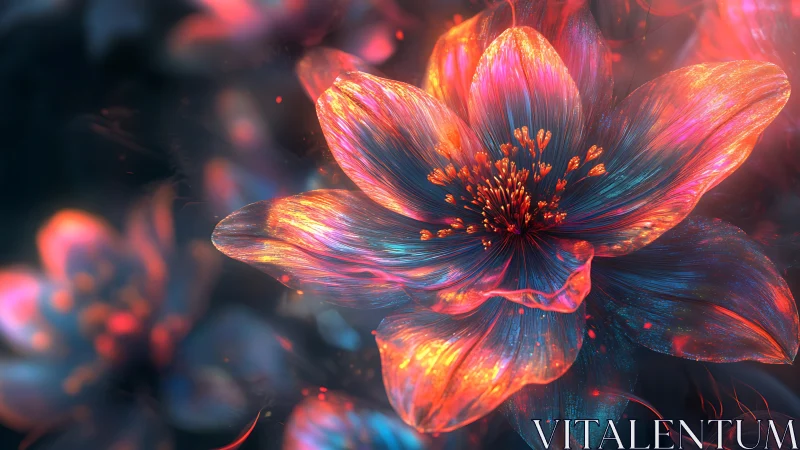 Digital macro render of multicolored luminous flower form.