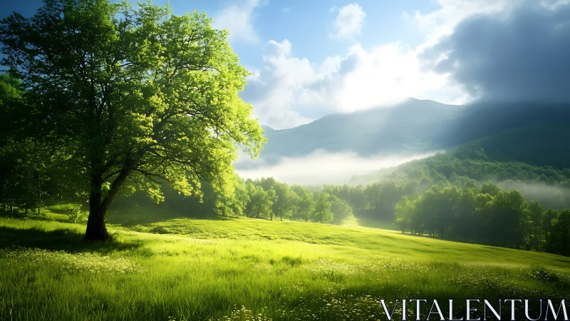 Photorealistic pastoral meadow with luminous backlit tree.