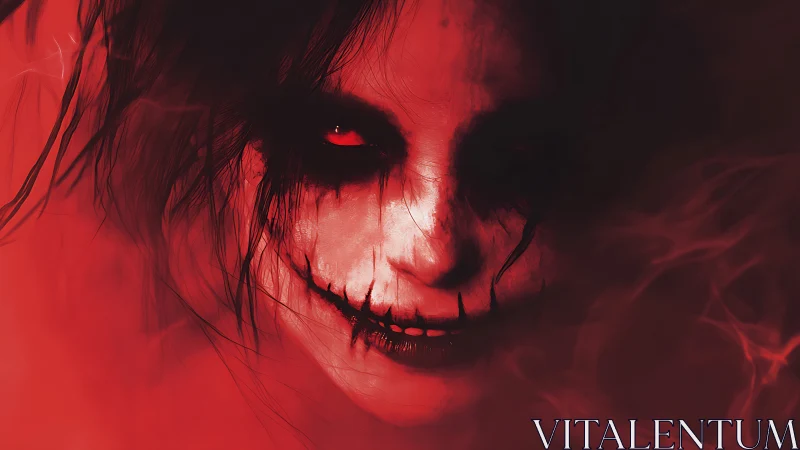 Smiling demon portrait in crimson smoke digital horror art.