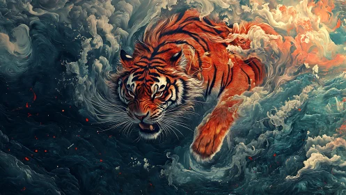Dynamic tiger rendered in swirling, high-contrast fluid abstraction