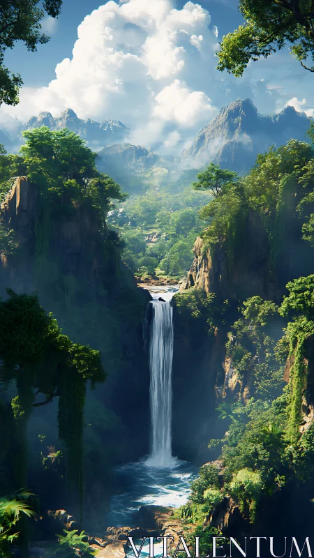 Hidden jungle waterfall carves a luminous path through cliffs