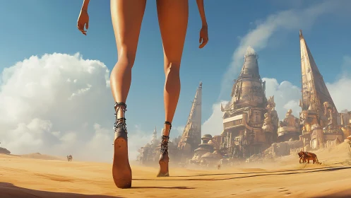 Low-angle desert colossus strides toward spired sand citadel