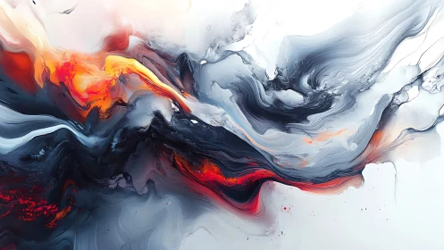 Fiery red and black abstract swirls on bright white field.